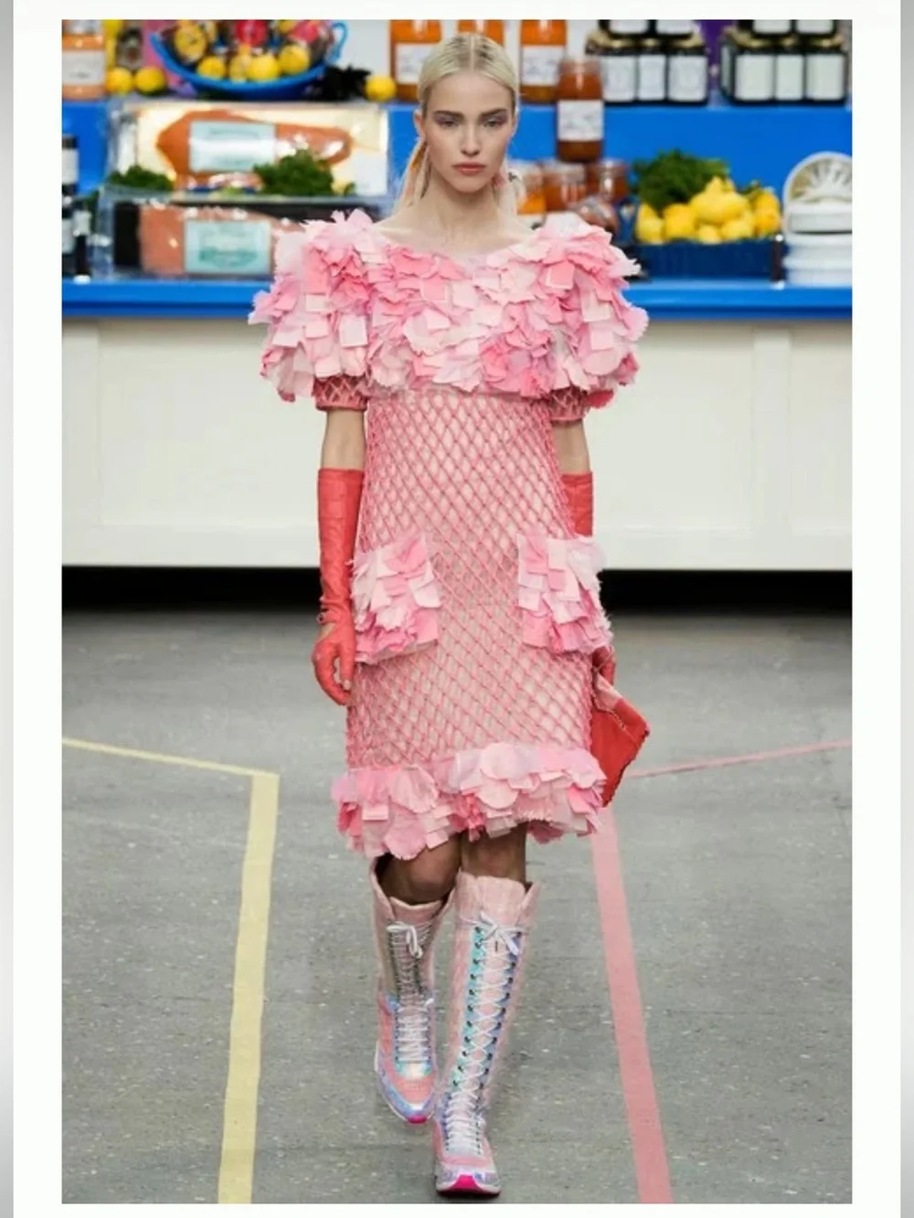 CHANEL Runway 2014 Paris Supermarket Pink Tweed Knee High Boots 37 Rare